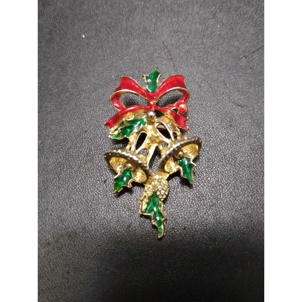*Sale* Gold Tone Red Green Enamel Holiday Bell Brooch Vintage